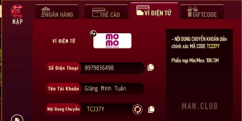 Nạp tiền Manclub hiệu quả qua ví Momo